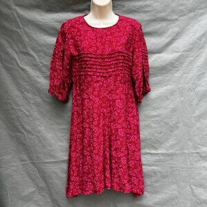 Free People Size 6 Pink Red Puff Sleeved Mini Dress Pleated Party Cute Fun Boho